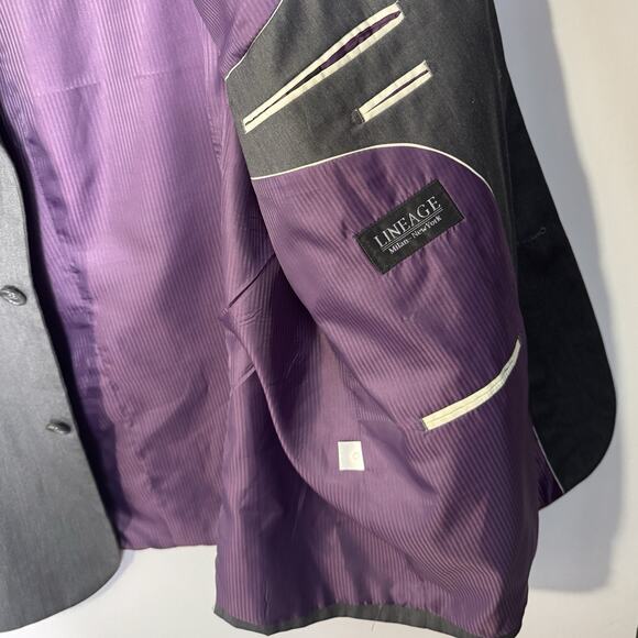 Lineage Men 2 Piece Gray Suit 46R Blazer Jacket Pants 40W Poly Rayon Purple Line - Picture 12 of 16